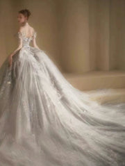 DIVINE 09 LUXURY HAND EMBROIDERED TULLE OFF SHOULDER CHEST LINE  ADORNED WITH 3D BUTTERFLIES LONG SLEEVES BALLGOWN