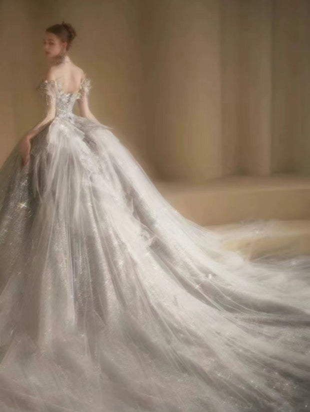 DIVINE 09 LUXURY HAND EMBROIDERED TULLE OFF SHOULDER CHEST LINE  ADORNED WITH 3D BUTTERFLIES LONG SLEEVES BALLGOWN