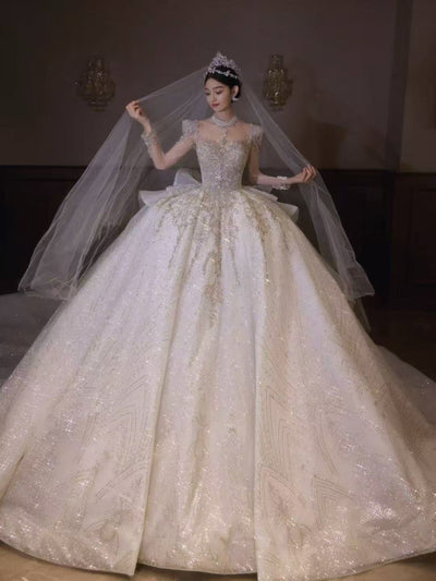 HT COLLECTION 05 LUXURY HEAVY-DUTY LONG-SLEEVED BIG TRAIN WEDDING DRESS