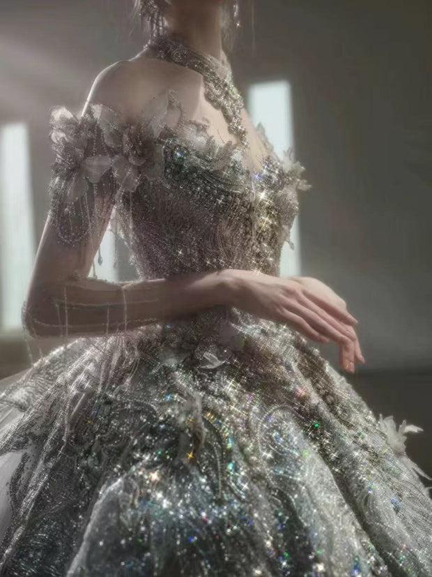 DIVINE 09 LUXURY HAND EMBROIDERED TULLE OFF SHOULDER CHEST LINE  ADORNED WITH 3D BUTTERFLIES LONG SLEEVES BALLGOWN
