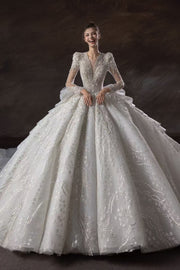 HT COLLECTION 07 LONG-SLEEVE V-NECK HEAVY BEAD LUXURY LONG-TRAIN BALLGOWN