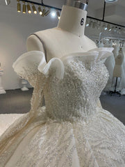 BYG24-24 SPARKING LACE RUFFLE EDGE OFF SHOULDER BALL GOWN WEDDING DRESS