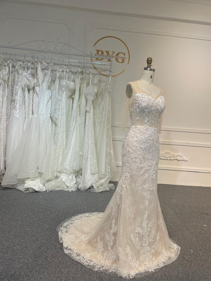 BYG24-8 V-NECK MERMAID LACE FLOWER WEDDING DRESS