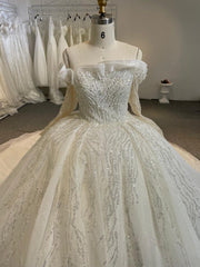 BYG24-24 SPARKING LACE RUFFLE EDGE OFF SHOULDER BALL GOWN WEDDING DRESS