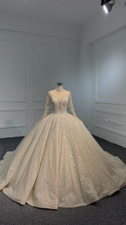 PD004- BYG CHAMPAGNE SWEETHEART NECKLINE BALL GOWN WITH LONG SLEEVES