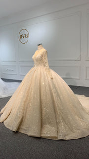 PD004- BYG CHAMPAGNE SWEETHEART NECKLINE BALL GOWN WITH LONG SLEEVES