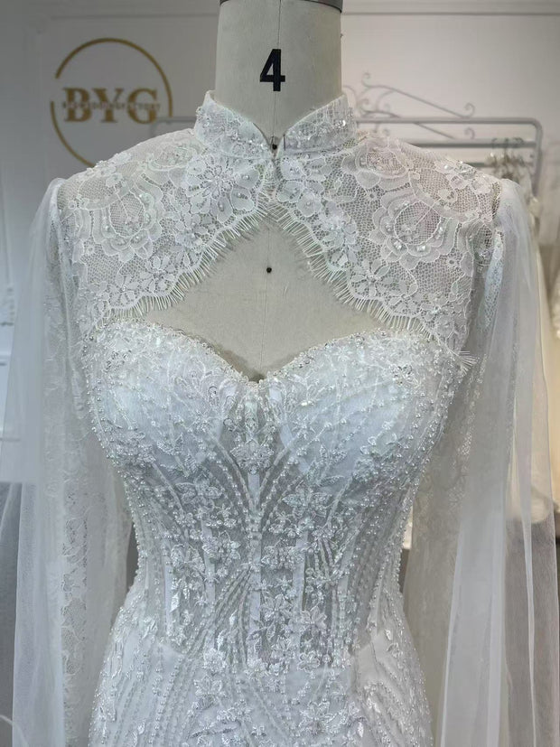 BYG504 A MERMAID DRESS PAIRED WITH A SMALL COAT.