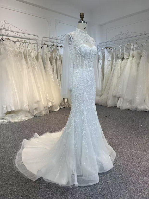 BYG504 A MERMAID DRESS PAIRED WITH A SMALL COAT.