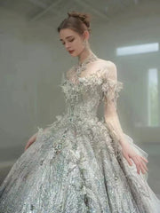 DIVINE 09 LUXURY HAND EMBROIDERED TULLE OFF SHOULDER CHEST LINE  ADORNED WITH 3D BUTTERFLIES LONG SLEEVES BALLGOWN
