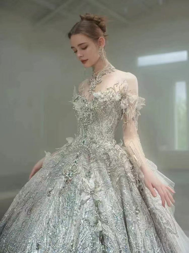 DIVINE 09 LUXURY HAND EMBROIDERED TULLE OFF SHOULDER CHEST LINE  ADORNED WITH 3D BUTTERFLIES LONG SLEEVES BALLGOWN