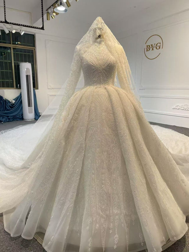 BYG25-9 A SUPER CLASSIC MUSLIM WEDDING DRESS WITH PEARL EMBROIDERY