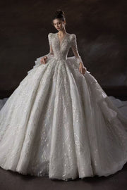 HT COLLECTION 07 LONG-SLEEVE V-NECK HEAVY BEAD LUXURY LONG-TRAIN BALLGOWN
