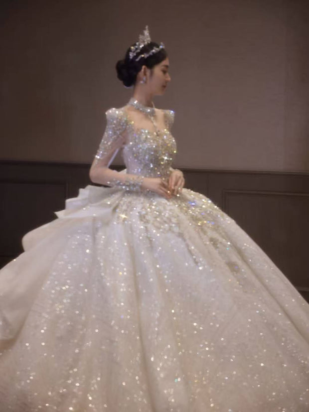 HT COLLECTION 05 LUXURY HEAVY-DUTY LONG-SLEEVED BIG TRAIN WEDDING DRESS