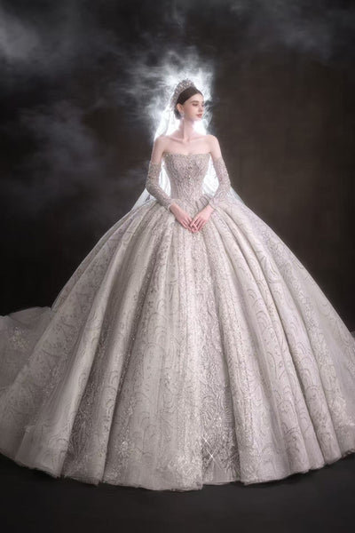 HT COLLECTION 08 HEAVY-DUTY STRAPLESS WEDDING DRESS WITH A LONG TRAIN (INCLUDING GLOVES)