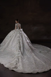HT COLLECTION 07 LONG-SLEEVE V-NECK HEAVY BEAD LUXURY LONG-TRAIN BALLGOWN