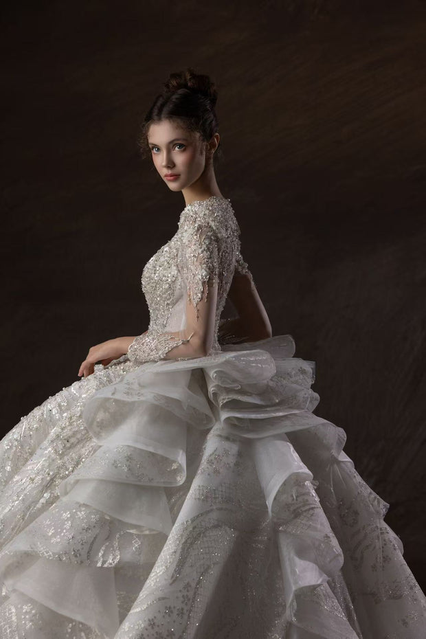 HT COLLECTION 07 LONG-SLEEVE V-NECK HEAVY BEAD LUXURY LONG-TRAIN BALLGOWN