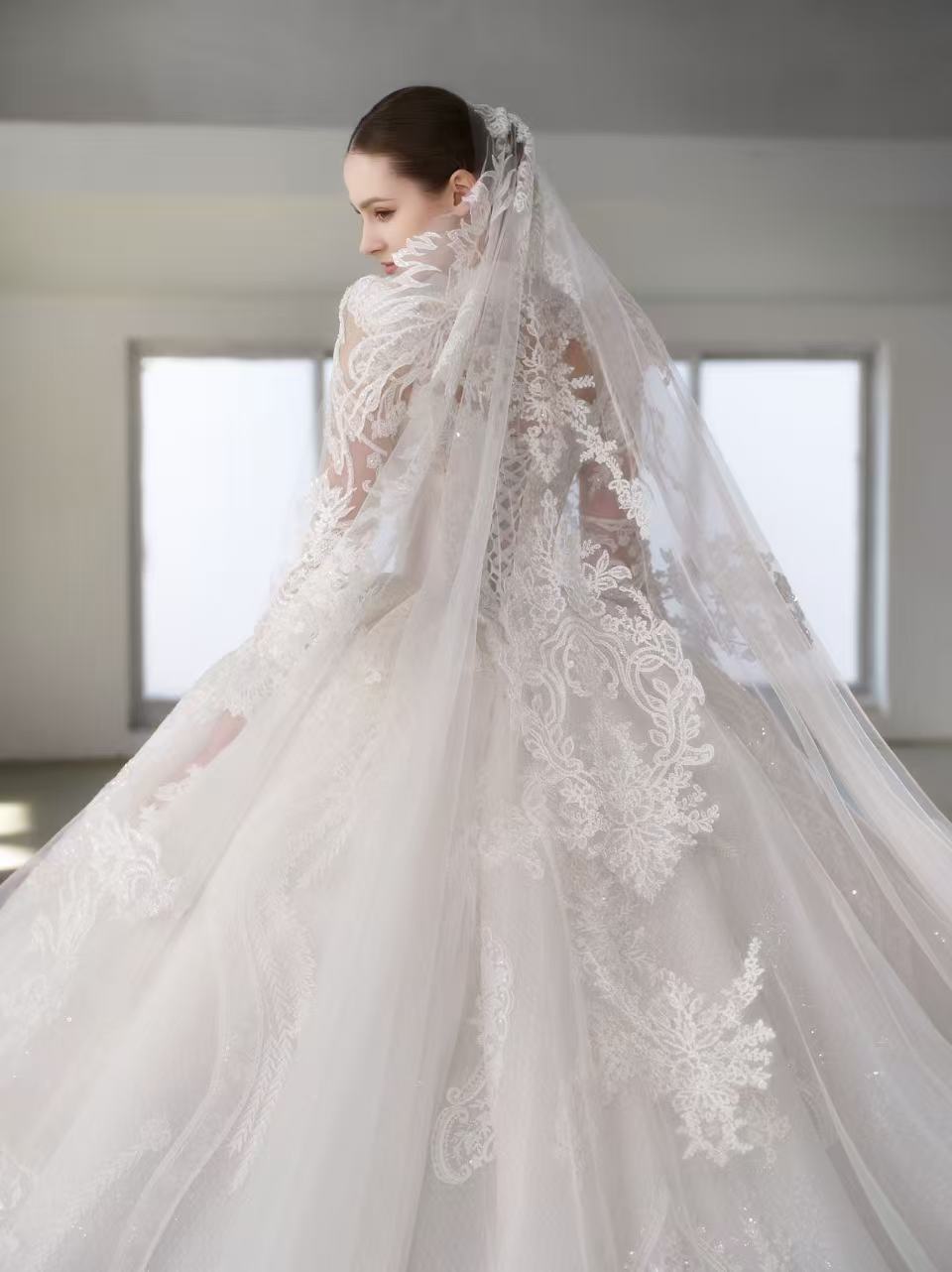 knee length dresses for ladies Backless White Lace Wedding Gown with Long Sleeves Off White / 8 main image 1