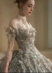 DIVINE 09 LUXURY HAND EMBROIDERED TULLE OFF SHOULDER CHEST LINE  ADORNED WITH 3D BUTTERFLIES LONG SLEEVES BALLGOWN
