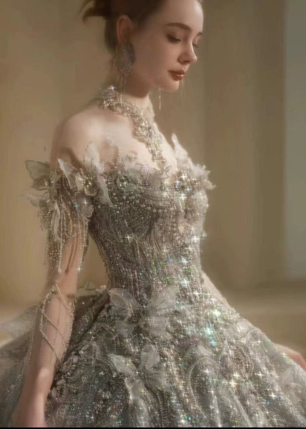 DIVINE 09 LUXURY HAND EMBROIDERED TULLE OFF SHOULDER CHEST LINE  ADORNED WITH 3D BUTTERFLIES LONG SLEEVES BALLGOWN