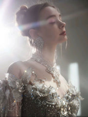 DIVINE 09 LUXURY HAND EMBROIDERED TULLE OFF SHOULDER CHEST LINE  ADORNED WITH 3D BUTTERFLIES LONG SLEEVES BALLGOWN