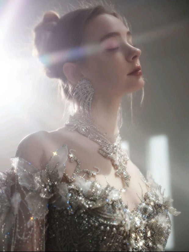 DIVINE 09 LUXURY HAND EMBROIDERED TULLE OFF SHOULDER CHEST LINE  ADORNED WITH 3D BUTTERFLIES LONG SLEEVES BALLGOWN