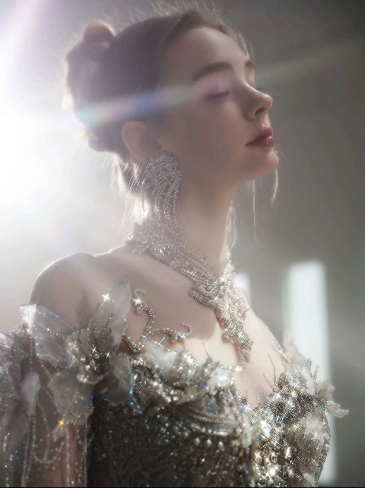 DIVINE 09 LUXURY HAND EMBROIDERED TULLE OFF SHOULDER CHEST LINE  ADORNED WITH 3D BUTTERFLIES LONG SLEEVES BALLGOWN