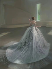 DIVINE 09 LUXURY HAND EMBROIDERED TULLE OFF SHOULDER CHEST LINE  ADORNED WITH 3D BUTTERFLIES LONG SLEEVES BALLGOWN