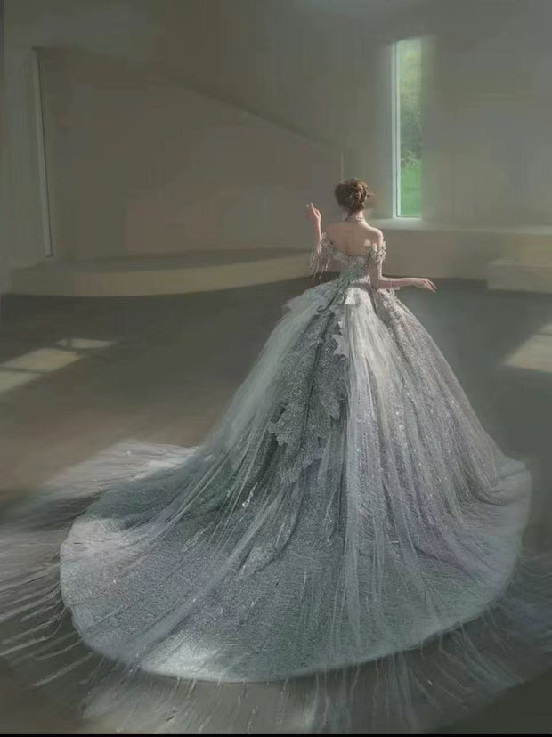 DIVINE 09 LUXURY HAND EMBROIDERED TULLE OFF SHOULDER CHEST LINE  ADORNED WITH 3D BUTTERFLIES LONG SLEEVES BALLGOWN