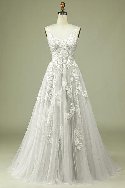 BYG-11  V-neck sleeveless lace appliqué, A-line wedding dress
