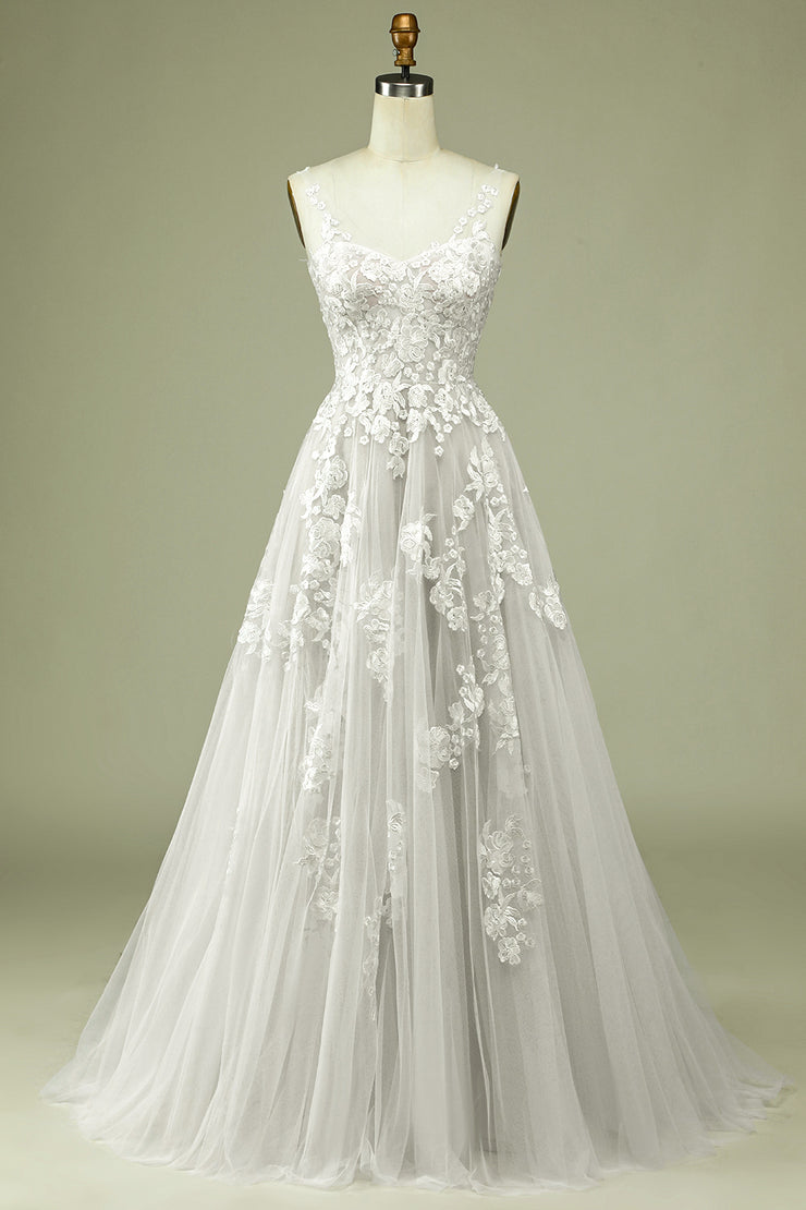 BYG-11  V-neck sleeveless lace appliqué, A-line wedding dress