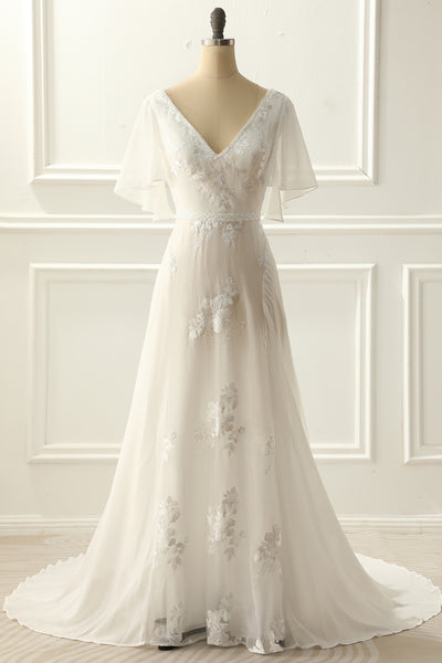 BYG-15 Deep V neckline, ruffled sleeves, lace appliqués,A-line wedding dress