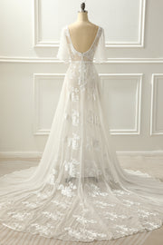 BYG-15 Deep V neckline, ruffled sleeves, lace appliqués,A-line wedding dress