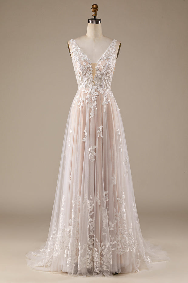 BYG-2  Premium Lace Appliqué Deep V Sleeveless Wedding Dress
