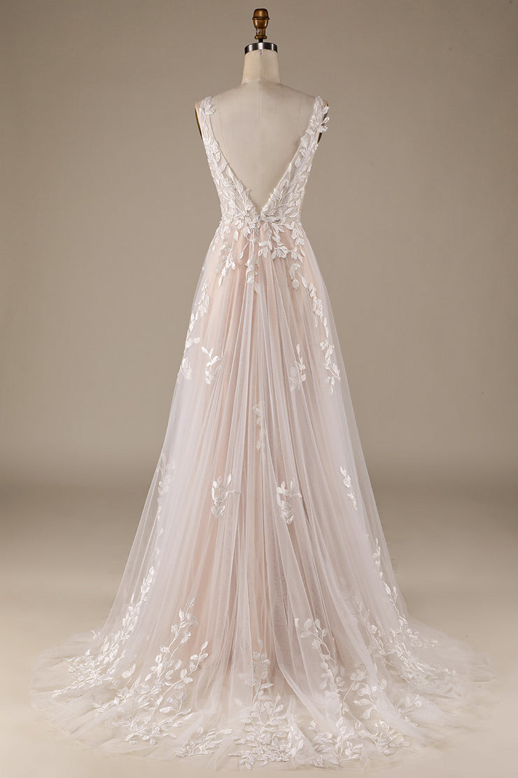 BYG-2  Premium Lace Appliqué Deep V Sleeveless Wedding Dress