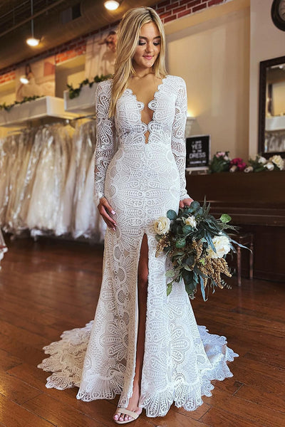 BYG-34 High-end lace appliqués, deep V neckline, lower skirt slit, wedding dress