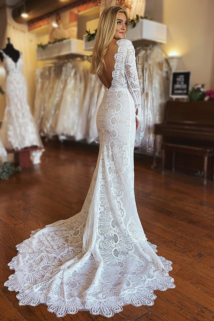 BYG-34 High-end lace appliqués, deep V neckline, lower skirt slit, wedding dress