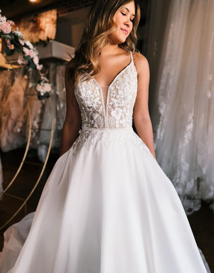 BYG-35 Deep V neckline, high-end lace appliqués, A-line wedding dress