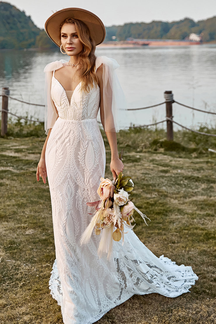 BYG-7 Lace appliqués, deep V neckline, spaghetti straps, mermaid wedding dress