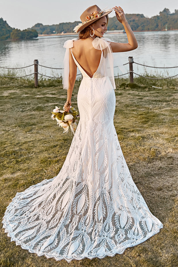 BYG-7 Lace appliqués, deep V neckline, spaghetti straps, mermaid wedding dress