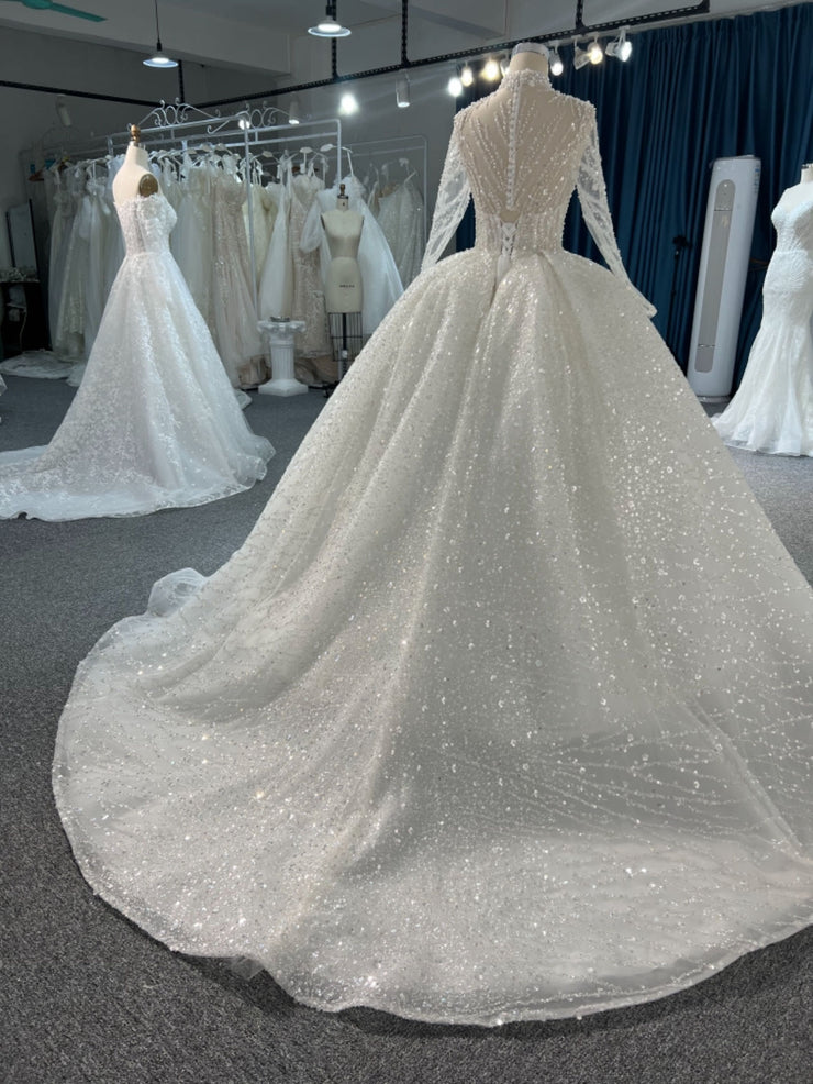 BYG-#Z309-LONG-SLEEVED HIGH-NECK HAND-BEADED SEQUINS LARGE TRAILING TUTU SKIRT WEDDING DRESS EU 32 BYG-#Z309-LONG-SLEEVED HIGH-NECK HAND-BEADED SEQUINS LARGE TRAILING TUTU SKIRT WEDDING DRESS EU 32