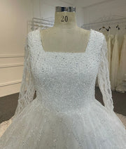 BYG24-22 SQUARE NECK SEQUIN GRID LACE WEDDING DRESS WITH BACK STRAP