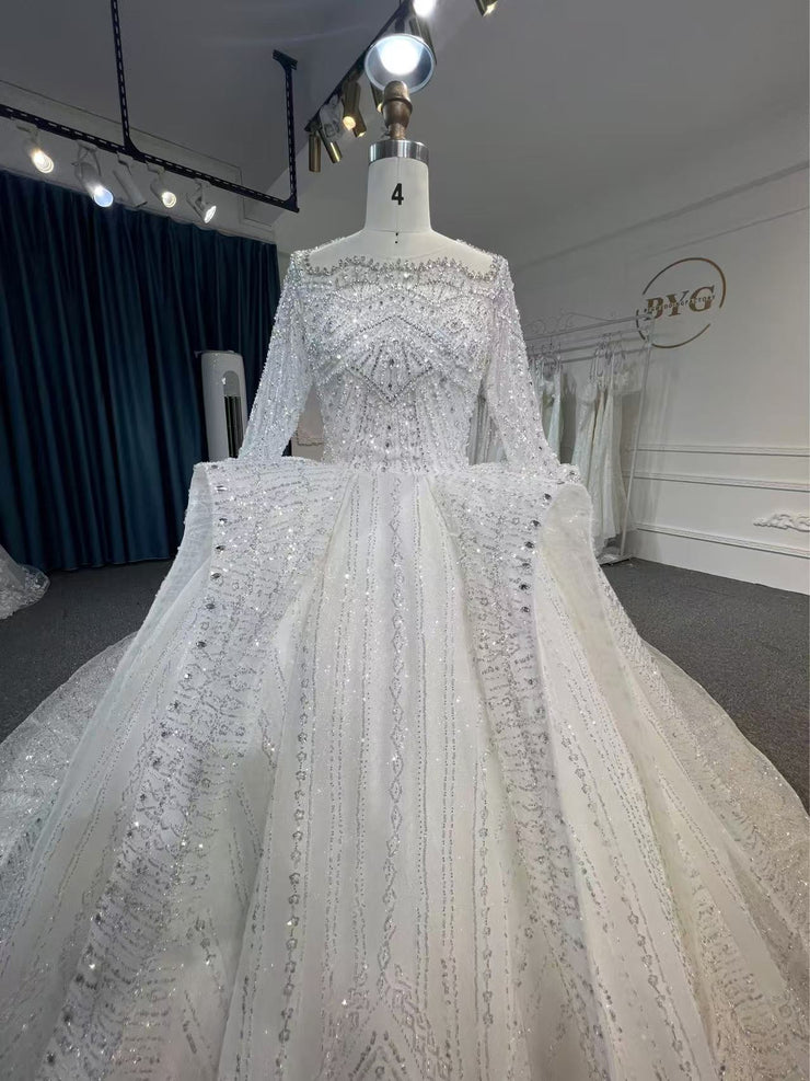 BYG24-23 LUXURY SEQUINS LONG SLEEVE WEDDING DRESS WITH CATHEDRAL TRAIN