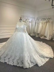 BYG24-27 LONG SLEEVE LUXURIOUS LACE FLOWER  BALL GOWN WEDDING DRESS