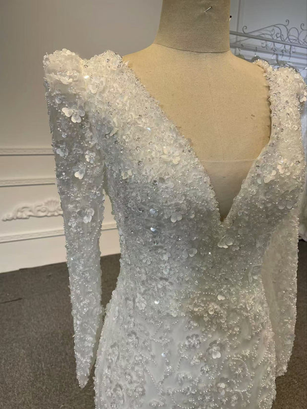 BYG24-32 PEARL THREE-DIMENSIONAL FLOWER RETRI FISHTAIL WEDDING DRESS (DETACHABLE  TRAIN)