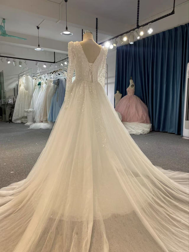 BYG24-32 PEARL THREE-DIMENSIONAL FLOWER RETRI FISHTAIL WEDDING DRESS (DETACHABLE  TRAIN)