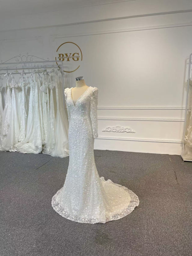 BYG24-32 PEARL THREE-DIMENSIONAL FLOWER RETRI FISHTAIL WEDDING DRESS (DETACHABLE  TRAIN)