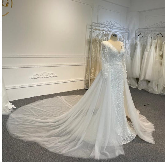 BYG24-32 PEARL THREE-DIMENSIONAL FLOWER RETRI FISHTAIL WEDDING DRESS (DETACHABLE  TRAIN)