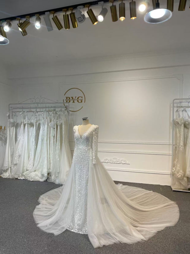 BYG24-32 PEARL THREE-DIMENSIONAL FLOWER RETRI FISHTAIL WEDDING DRESS (DETACHABLE  TRAIN)