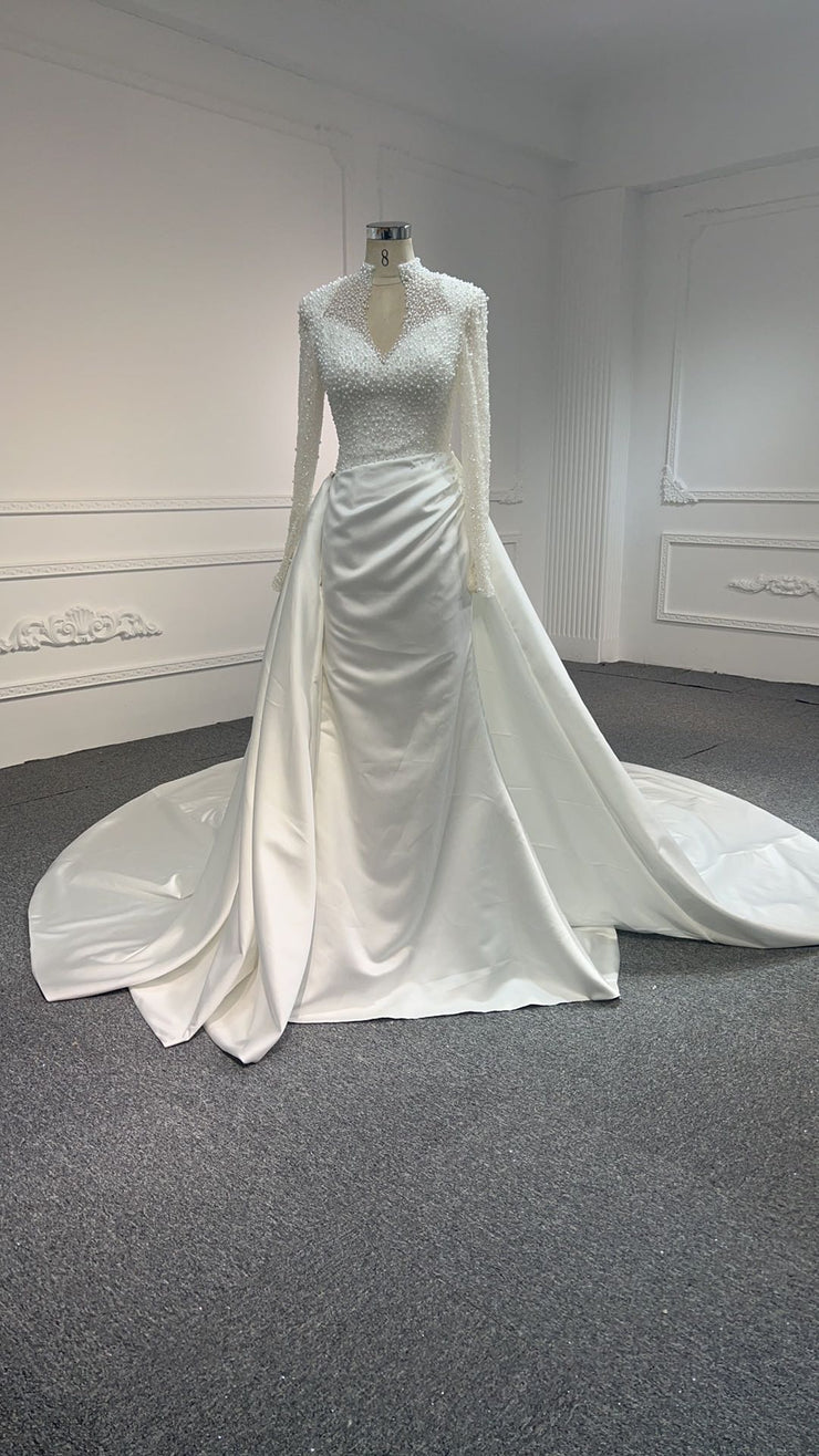 beaded wedding dress with detachable train Beaded Satin wedding dr with slit with Detachable Train, Long Sleeves, and Pleats - Perfect for Chapel or Garden Weddings