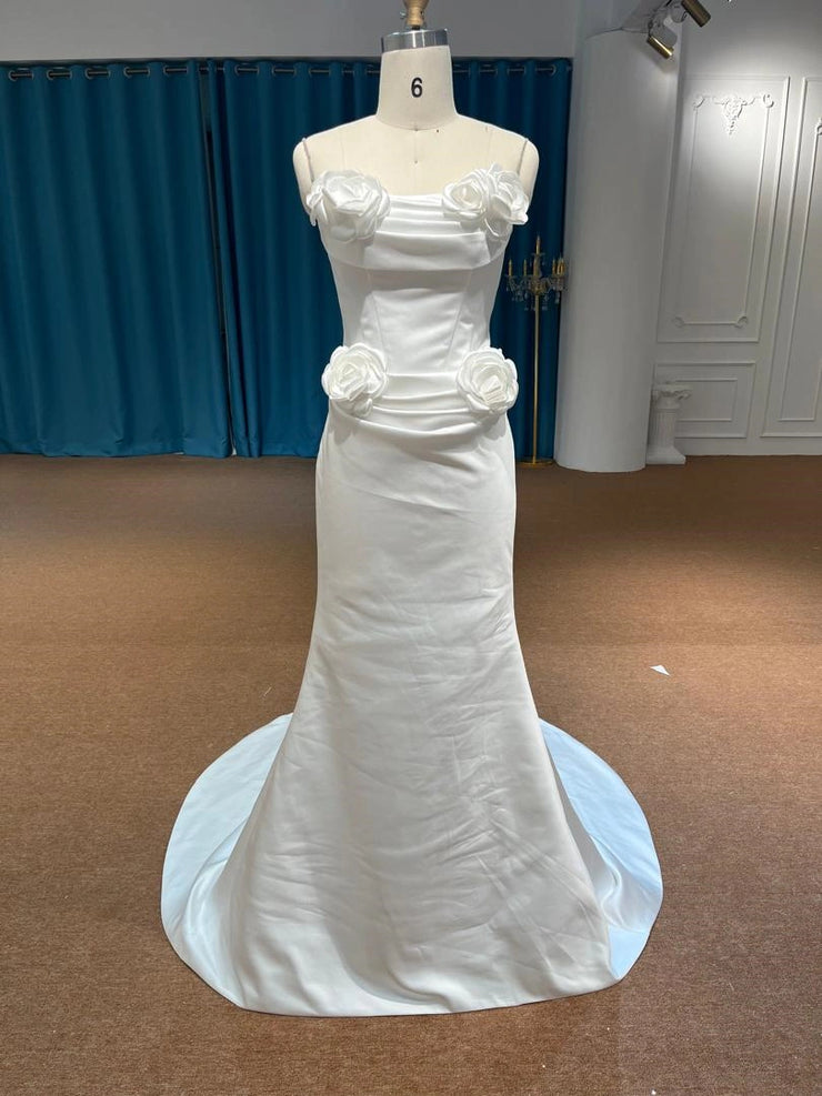 BYG26-14 Custom Made White Satin Mermaid Wedding Dress – Elegant Fishtail Gown with Corset Back
